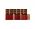 Flexeo Systemschrankwand Antares, 48 große Boxen, 18 Fächer Buche dunkel, Boxen rot (Zoom)