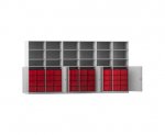 Flexeo Systemschrankwand Antares, 48 große Boxen, 18 Fächer grau, Boxen rot (Zoom)