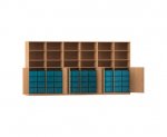 Flexeo Systemschrankwand Antares, 48 große Boxen, 18 Fächer Buche dunkel, Boxen blau (Zoom)