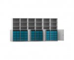 Flexeo Systemschrankwand Antares, 48 große Boxen, 18 Fächer grau, Boxen blau (Zoom)