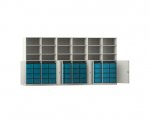 Flexeo Systemschrankwand Antares, 48 große Boxen, 18 Fächer weiß, Boxen blau (Zoom)