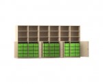 Flexeo Systemschrankwand Antares, 48 große Boxen, 18 Fächer Ahorn honig, Boxen grün (Zoom)
