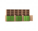 Flexeo Systemschrankwand Antares, 48 große Boxen, 18 Fächer Buche hell, Boxen grün (Zoom)