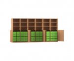 Flexeo Systemschrankwand Antares, 48 große Boxen, 18 Fächer Buche dunkel, Boxen grün (Zoom)