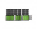 Flexeo Systemschrankwand Antares, 48 große Boxen, 18 Fächer grau, Boxen grün (Zoom)