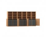 Flexeo Systemschrankwand Antares, 48 große Boxen, 18 Fächer Buche dunkel, Boxen transparent (Zoom)