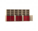 Flexeo Systemschrankwand Antares, 96 kleine Boxen, 18 Fächer Ahorn honig, Boxen rot (Zoom)