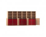 Flexeo Systemschrankwand Antares, 96 kleine Boxen, 18 Fächer Buche hell, Boxen rot (Zoom)