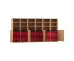 Flexeo Systemschrankwand Antares, 96 kleine Boxen, 18 Fächer Buche dunkel, Boxen rot (Zoom)