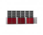 Flexeo Systemschrankwand Antares, 96 kleine Boxen, 18 Fächer grau, Boxen rot (Zoom)