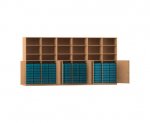 Flexeo Systemschrankwand Antares, 96 kleine Boxen, 18 Fächer Buche dunkel, Boxen blau (Zoom)
