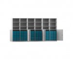 Flexeo Systemschrankwand Antares, 96 kleine Boxen, 18 Fächer grau, Boxen blau (Zoom)