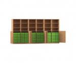 Flexeo Systemschrankwand Antares, 96 kleine Boxen, 18 Fächer Buche dunkel, Boxen grün (Zoom)