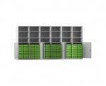 Flexeo Systemschrankwand Antares, 96 kleine Boxen, 18 Fächer grau, Boxen grün (Zoom)
