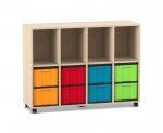 Flexeo Regal, 4 Reihen, 8 große Boxen, 4 Fächer oben Ahorn honig, Boxen bunt (Zoom)