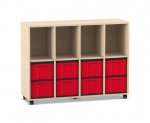 Flexeo Regal, 4 Reihen, 8 große Boxen, 4 Fächer oben Ahorn honig, Boxen rot (Zoom)