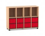 Flexeo Regal, 4 Reihen, 8 große Boxen, 4 Fächer oben Buche hell, Boxen rot (Zoom)