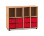 Flexeo Regal, 4 Reihen, 8 große Boxen, 4 Fächer oben Buche dunkel, Boxen rot (Zoom)