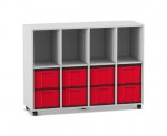 Flexeo Regal, 4 Reihen, 8 große Boxen, 4 Fächer oben grau, Boxen rot (Zoom)