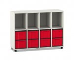 Flexeo Regal, 4 Reihen, 8 große Boxen, 4 Fächer oben weiß, Boxen rot (Zoom)