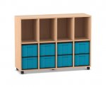 Flexeo Regal, 4 Reihen, 8 große Boxen, 4 Fächer oben Buche hell, Boxen blau (Zoom)