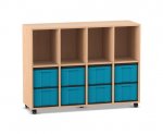 Flexeo Regal, 4 Reihen, 8 große Boxen, 4 Fächer oben Buche hell, Boxen blau (Zoom)