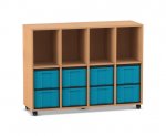 Flexeo Regal, 4 Reihen, 8 große Boxen, 4 Fächer oben Buche dunkel, Boxen blau (Zoom)