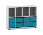 Flexeo Regal, 4 Reihen, 8 große Boxen, 4 Fächer oben grau, Boxen blau (Zoom)