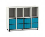 Flexeo Regal, 4 Reihen, 8 große Boxen, 4 Fächer oben weiß, Boxen blau (Zoom)