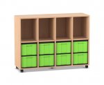 Flexeo Regal, 4 Reihen, 8 große Boxen, 4 Fächer oben Buche hell, Boxen grün (Zoom)