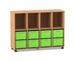 Flexeo Regal, 4 Reihen, 8 große Boxen, 4 Fächer oben Buche dunkel, Boxen grün (Zoom)