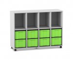 Flexeo Regal, 4 Reihen, 8 große Boxen, 4 Fächer oben grau, Boxen grün (Zoom)