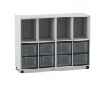 Flexeo Regal, 4 Reihen, 8 große Boxen, 4 Fächer oben grau, Boxen transparent (Zoom)
