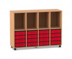 Flexeo Regal, 4 Reihen, 16 kleine Boxen, 4 Fächer oben Buche dunkel, Boxen rot (Zoom)