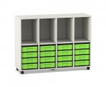 Flexeo Regal, 4 Reihen, 16 kleine Boxen, 4 Fächer oben weiß, Boxen grün (Zoom)