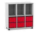 Flexeo Regal, 3 Reihen, 6 große Boxen, 3 Fächer oben grau, Boxen rot (Zoom)