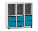 Flexeo Regal, 3 Reihen, 6 große Boxen, 3 Fächer oben grau, Boxen blau (Zoom)
