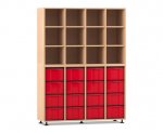Flexeo Regal, 4 Reihen, 16 große Boxen, 12 Fächer oben Buche hell, Boxen rot (Zoom)