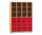 Flexeo Regal, 4 Reihen, 16 große Boxen, 12 Fächer oben Buche dunkel, Boxen rot (Zoom)