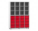 Flexeo Regal, 4 Reihen, 16 große Boxen, 12 Fächer oben grau, Boxen rot (Zoom)