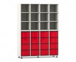 Flexeo Regal, 4 Reihen, 16 große Boxen, 12 Fächer oben weiß, Boxen rot (Zoom)