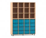 Flexeo Regal, 4 Reihen, 16 große Boxen, 12 Fächer oben Buche hell, Boxen blau (Zoom)