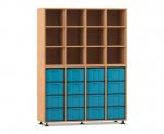 Flexeo Regal, 4 Reihen, 16 große Boxen, 12 Fächer oben Buche dunkel, Boxen blau (Zoom)