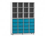 Flexeo Regal, 4 Reihen, 16 große Boxen, 12 Fächer oben grau, Boxen blau (Zoom)