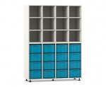 Flexeo Regal, 4 Reihen, 16 große Boxen, 12 Fächer oben weiß, Boxen blau (Zoom)