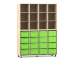Flexeo Regal, 4 Reihen, 16 große Boxen, 12 Fächer oben Ahorn honig, Boxen grün (Zoom)