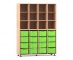 Flexeo Regal, 4 Reihen, 16 große Boxen, 12 Fächer oben Buche hell, Boxen grün (Zoom)