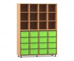 Flexeo Regal, 4 Reihen, 16 große Boxen, 12 Fächer oben Buche dunkel, Boxen grün (Zoom)