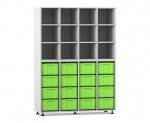 Flexeo Regal, 4 Reihen, 16 große Boxen, 12 Fächer oben grau, Boxen grün (Zoom)