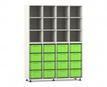 Flexeo Regal, 4 Reihen, 16 große Boxen, 12 Fächer oben weiß, Boxen grün (Zoom)